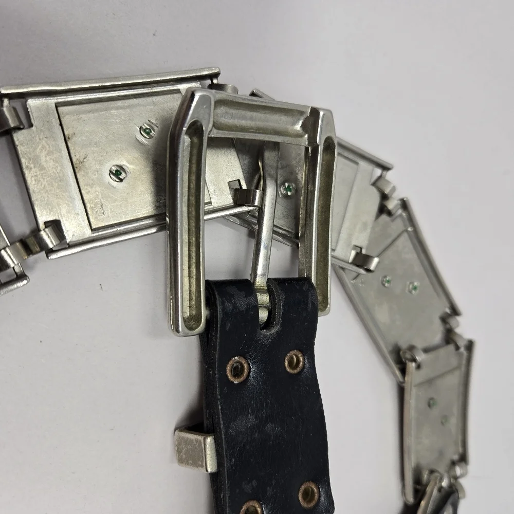 Black Leather Studded XL Mens Belt Linked Silver Tone 3d Green Marijuana Leafs
